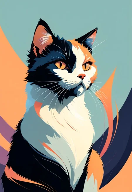 Minimalist vector illustration, a 3D realistic calico cat, fluffy, perfect sharp figure, , bold and stylish, futuristic environment, portrait, artistic presentation, high aesthetic with acute angular designs, diagonal design, sharp angles, circular shapes, Pastel Color Palettes, bold background, flat color 2D Background, intense expression, modern urban style, clean lines, high contrast, darker shadows, highly aesthetics, full figure, perfectionism, sleek futuristic, clear, split scene, flat colors, ng_deepnegative_v1_75t, inkpunk, highres1.1