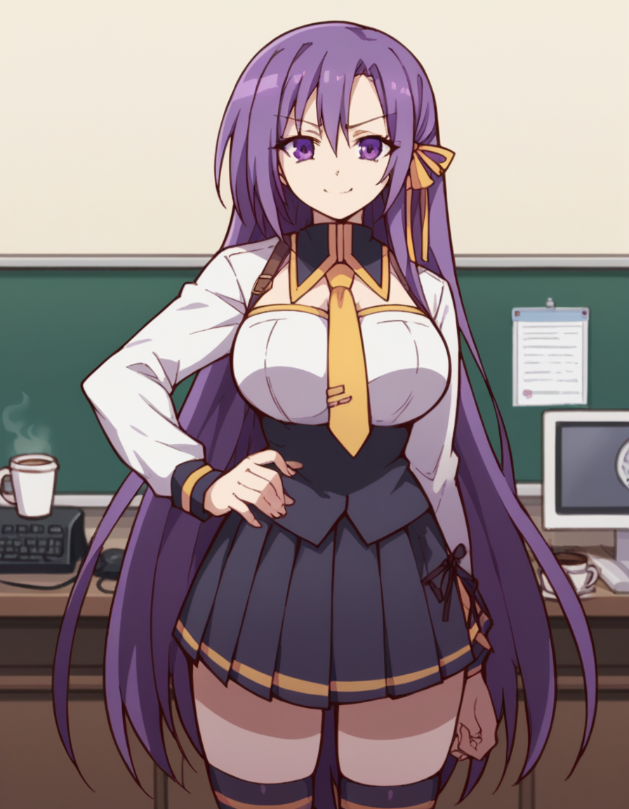 score_9, score_8_up, score_7_up, source_anime, <lora:fianna-ray-ordesia-s1-ponyxl-lora-nochekaiser:1>, fianna ray ordesia, long hair, large breasts, very long hair, ribbon, purple eyes, hair ribbon, purple hair,, skirt, thighhighs, school uniform, necktie, long sleeves, black skirt, pleated skirt, home office, working from home, computer screen, coffee cup, focus, deadline, smile, looking at viewer, smug, hand on hips,, solo,, cowboy shot, dutch angle