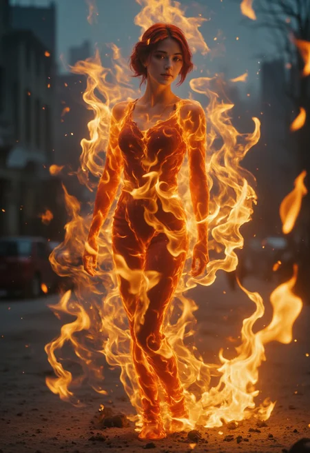 bailing_fire, A young woman KTNK entirely of flames stands, her body engulfed in fire. Her form flickers and sways, semi-transparent and composed entirely of fire elements. The flames seem to rise naturally from her, as though she is both part of the fire and its source. The surroundings are blurred, keeping the focus entirely on her fiery presence. The flames ripple and pulse, wrapping around her form, creating an intense yet surreal atmosphere.freckles,masterpiece,best quality,light particle,depth of field,fantasy,blunt bangs,a cute girl,Porta 160 color,shot on ARRI ALEXA 65,bokeh,sharp focus on subject,highest details,photorealistic,high background details,high face details,8k