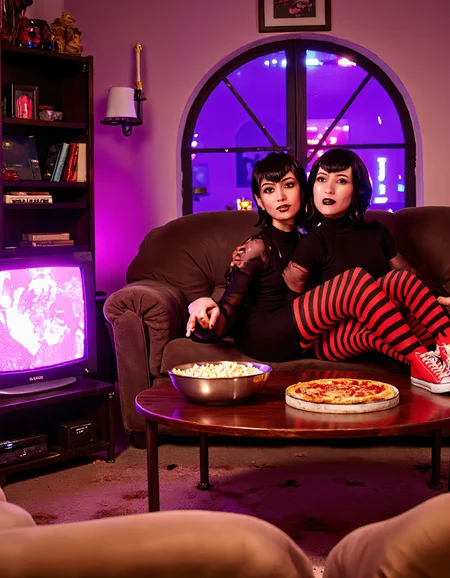 GLITCH, F1CNQRJCouple, dreamwave, A couple sits on a retro couch in a neon-lit living room, ready for a romantic Valentine's Day movie night. The VCR hums as they pop in a tape labeled "Love Forever", but instead of a romantic film, the screen glitches. showing bizarre, surreal scenes of floating hearts, talking roses, and a dramatic slow-motion Cupid shooting arrows wildly. The couple looks horrified as the VHS tape takes on a life of its own, rewinding and fast-forwarding randomly. A heart-shaped pizza sits abandoned on the table, and their bowl of popcorn floats mid-air as the TV screen flickers in eerie pink hues., Mavis Dracula, Black hair, Blue eyes, Short, choppy bangs, Pale skin, Red and black striped leggings, Black dress, Red sneakers, Youthful appearance, Pointed ears, null