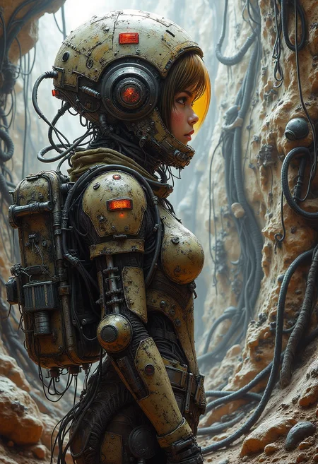 masterpiece, realistic scenery, ultra high quality, a gorgeous 23yo female explorer observes the inside of a crashlanded wreck of a huge devastated space vessel on a foreign planet on the edge of our galaxy, full body armored suit, full body shot, <lora:Dystopia - s0_8 g4:0.7>