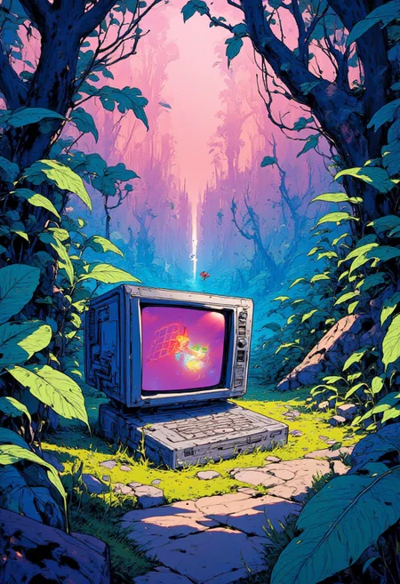 A vibrant 90s cyberpunk anime style digital art featuring a retro PC computer resting on a grassy ground, surrounded by highly detailed, lush green leaves with intricate veins. The PC has a classic bulky design, with its old CRT monitor proudly displaying the Windows 98 logo in vivid, pixel-perfect accuracy, with its familiar red, yellow, green, and blue squares glowing against the darkened screen. The vaporwave-inspired colors of pastel pink, soft blue, and dreamy purple surround the scene, creating an otherworldly atmosphere. Sunlight filters delicately through the thick canopy of leaves, casting dappled, intricate shadows across the ground, adding a dynamic sense of movement and depth to the composition. The balance between the natural, leafy environment and the retro technology creates a nostalgic, whimsical mood, while the foliage and monitor are arranged in perfect harmony. The perspective captures the computer up-close with the dense foliage, enhancing the dreamlike quality of the scene. <lora:Cyberpunk Anime Style Flux.1 D v1:1.00> <lora:Retro Anime Flux - Style v1.0:0.20> <lora:Dreamwave FLUX V1:0.90>