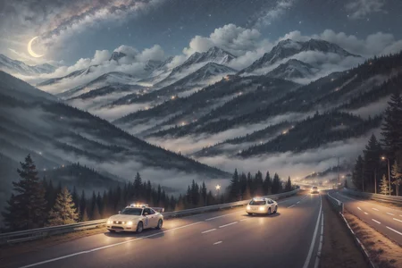 cars racing at night in mountains roadway scenario, near mist, cloudy starry night, Brown moon , kawaii <lora:add_detail:1> <lora:offset_0.2:1> <lora:DaVinciTech:0.4> <lora:KawaiiTech:0.6> <lora:DarkSpheraStyle:0.2>