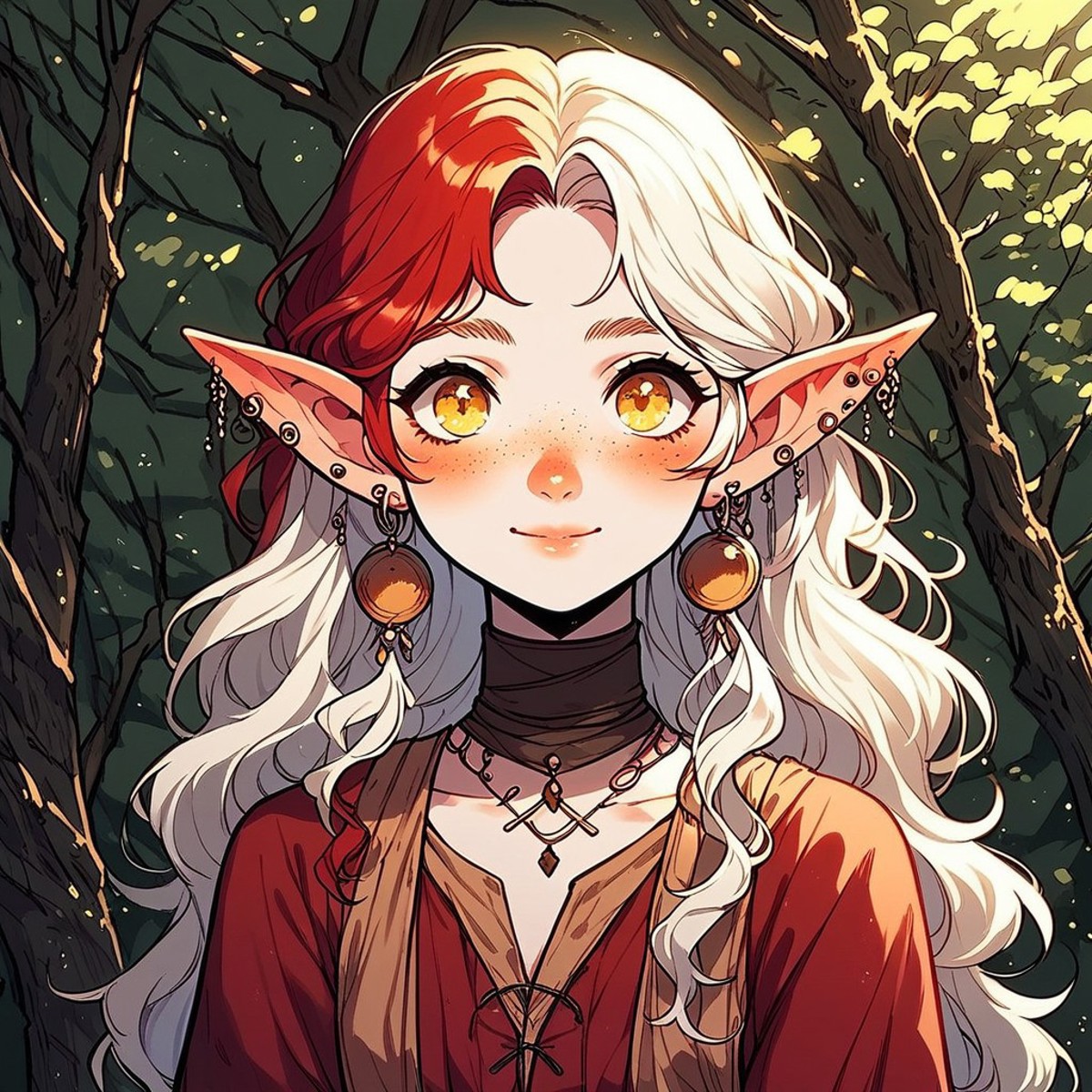 score_9, score_8_up, score_7_up, 1girl, Halfling, small female, white skin, freckles, wavy hair, long hair, multicolored hair, red hair, split-color hair, white hair,  long ears,  pointed ears, a lot of piercing on ears, earings on ears, kind eyes, charismatic eyes, yellow eyes, smilling, gypsy red dress, soft lighting, cute face, round face, soft shadows, tiny woman,  forest background, legs, full body, dutch angle,