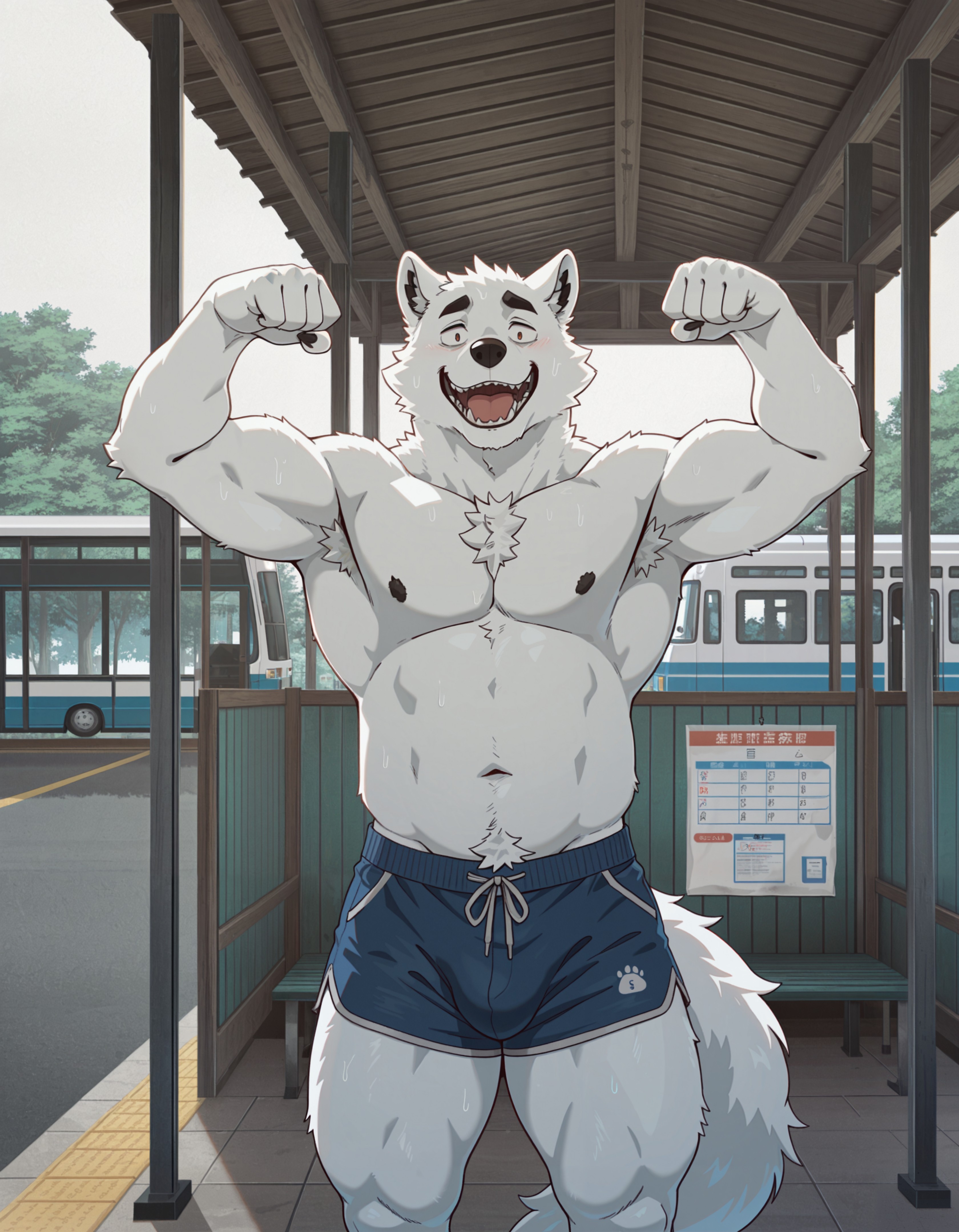 masterpiece,best quality,amazing quality, imato, masculine, (male:1.5), (solo:1.5), anthro, (arctic fox:1.2), flexing, Muscular, clothes, looking back at viewer, horrified, front view, embedding:zPDXL3, bus stop, bus shelter, bus schedule, benches, advertisements