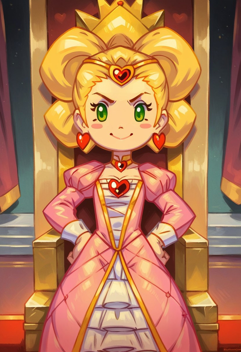 Score_9_up, score_8_up, score_7_up, score_6_up, 1girl, solo, Duchess_B_MSK, blonde hair, gold choker, green eyes, pink dress, heart earrings, heart brooch, blush stickers, gold circlet, smile, chibi, standing proudly, indoors, throne room, hands on hips, adult, (realistic, painted art)