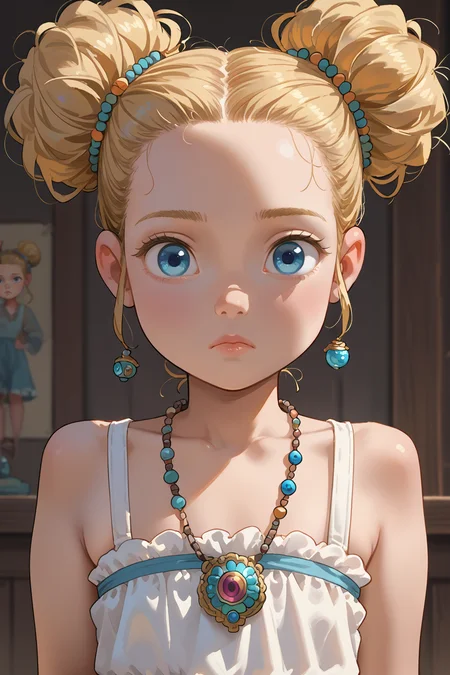 score_9,score_8_up,score_7_up,
 <lora:Goldilocks:0.8>
1girl, solo, young, female child, goldilocks, blonde hair, blue eyes, hair buns, hair ornaments, necklace, pretty, cute, flat chest,
confused, looking at viewer,
 <lora:Jabstyle_AMXLV1:1>