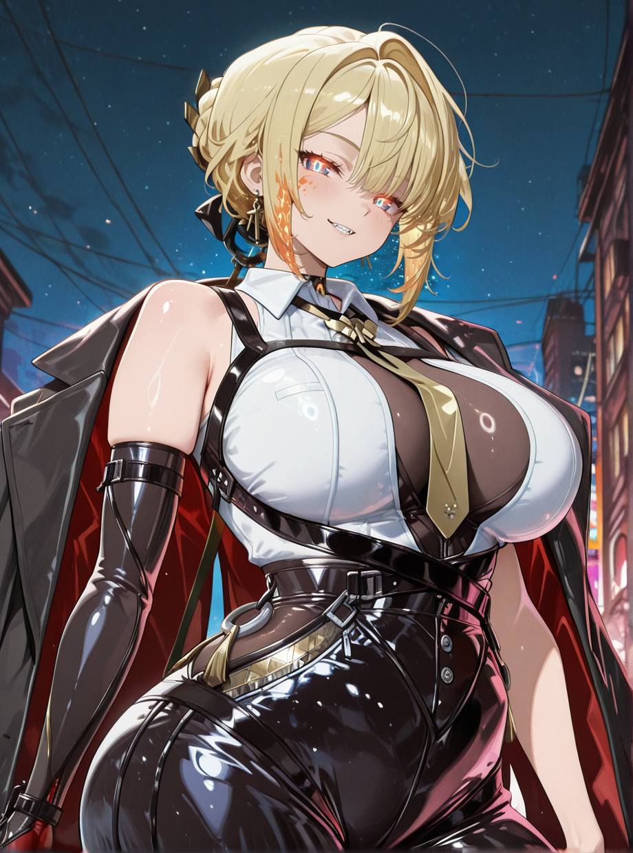 (masterpiece), (best quality), 1girl, solo, evelyn chevalier \(zenless zone zero\), (anime screencap), (evch_zzz), looking at viewer, (standing), large natural breasts, (purple eyes), blonde hair, short hair, hair up, anime style, shiny skin, (necktie between the breasts), earrings, high heels, chest harness, arm strap, asymmetrical gloves, white shirt, yellow necktie, collared shirt, sleeveless shirt, elbow gloves, black gloves, black jacket, blush, gloves, ring hair ornament, ass, high-waist_pants, tight clothes, tight pants, high-waist pants, latex pants, (holding), jacket, jacket on shoulders, mismatched gloves, mole under eye, black pants, uneven gloves, (weapon, glowing wire, energy wire, light string, neon weapon, knife at the end of the wire, glowing knife), outdoors, happy, dragon girl, scales, gold trim, slit pupils, tusks, hooded cloak, painterly, colorful, flat colors, glowing, impasto, abstract, plump, <lora:EvelynChevalierZZZeroillusApexAi:1>,