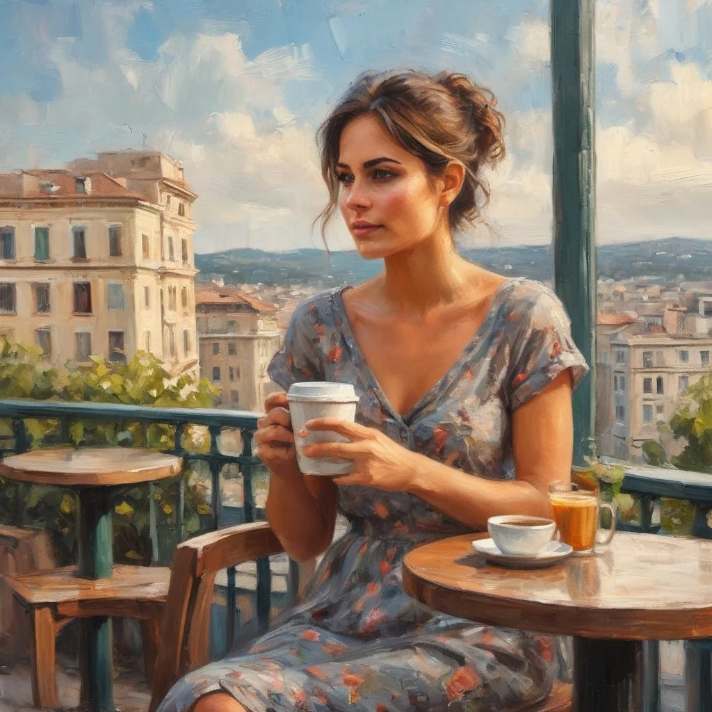 bichu,masterpiece,palette knife painting,oil painting,cinematic scene, 20 year old girl, sitting at outdoor cafe balcony, high rise city background, holding coffee cup pausing for a sip, sunshine lighting her face, relishing the aroma, focused placid expression, wearing stylish sundress, natural makeup look, intricate wood table details, compatibility and coziness, soft bokeh of traffic below, extremely detailed portrait, photorealistic materials, contentment during me-time, high resolution, shallow depth of field