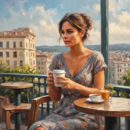 bichu,masterpiece,palette knife painting,oil painting,cinematic scene, 20 year old girl, sitting at outdoor cafe balcony, high rise city background, holding coffee cup pausing for a sip, sunshine lighting her face, relishing the aroma, focused placid expression, wearing stylish sundress, natural makeup look, intricate wood table details, compatibility and coziness, soft bokeh of traffic below, extremely detailed portrait, photorealistic materials, contentment during me-time, high resolution, shallow depth of field
