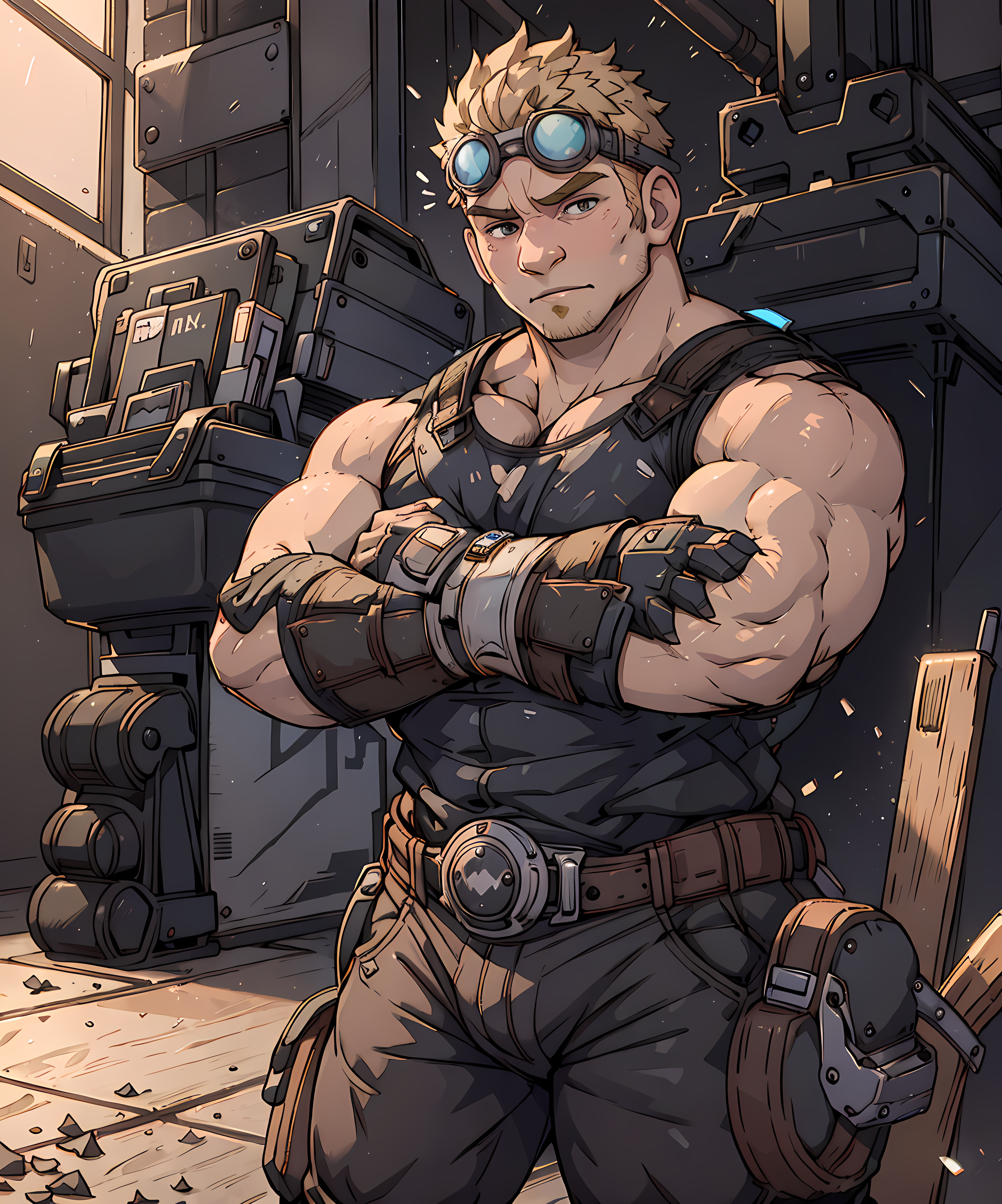 <lora:Damon_Baird:0.85> 1boy, damon_baird, (black tank top:1.1), pants, indoor, machinery, standing, power tools, muscular, blonde hair, goggles, crossed arms