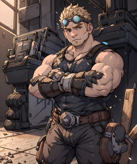 <lora:Damon_Baird:0.85> 1boy, damon_baird, (black tank top:1.1), pants, indoor, machinery, standing, power tools, muscular, blonde hair, goggles, crossed arms