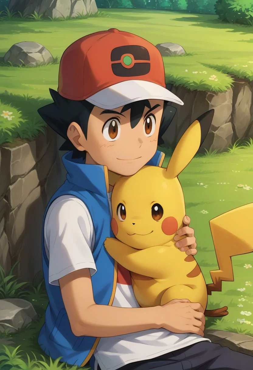 score_9, score_8_up, source_anime, highly detailed, 1boy, solo, skinny, human child,
ash_j2, 1boy, pokemon (creature), male focus, brown eyes, hat, shirt, black hair, baseball cap, t-shirt, white shirt, smile, jacket, sleeveless jacket,
outdoor, sit, rocks, hug, hug pokemon,