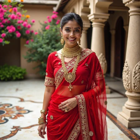 The professional portrait captures the essence of Indian culture and elegance, featuring an Indian woman dressed in a stunning Angrakha, a traditional Indian attire. The Angrakha is a robe-like garment, typically worn in the northern parts of India, characterized by its asymmetrical style and overlapping panels. The Angrakha in this portrait is a vibrant shade of red, symbolizing love, passion, and power, making the subject stand out against the lush background.
The Angrakha is adorned with intricate traditional embroidery in gold and silver threads, showcasing the craftsmanship and attention to detail that goes into creating such a masterpiece. The embroidery features floral motifs, geometric patterns, and elaborate borders, adding a touch of royalty and grandeur to the attire. The panels of the Angrakha are carefully draped over the subject's shoulder, revealing a glimpse of her matching red blouse underneath, enhancing the overall visual appeal of the portrait.
The subject of the portrait is a woman who embodies grace and elegance, wearing golden jewelry that complements her attire. A statement neckpiece adorned with precious stones and intricate carvings graces her neck, drawing attention to her delicate collarbones. Golden bangles, earrings, and rings complete her jewelry ensemble, adding a touch of opulence and sophistication. Her hair is tied in a neat bun, adorned with fresh flowers, adding a touch of freshness and femininity to the portrait.
The woman is standing in a beautifully decorated Indian courtyard, showcasing the exquisite handicrafts that are an integral part of Indian culture. The courtyard features a marble floor with floral patterns, adding a touch of elegance and sophistication to the setting. A beautifully carved stone pillar stands beside the subject, adding a sense of grandeur and majesty to the portrait.
The background of the portrait features blooming flowers and ancient architecture, adding a touch of natural beauty and cultural significance to the setting. The flowers include marigolds, roses, and jasmine, symbolizing joy, love, and purity, respectively. The ancient architecture in the background features intricate carvings and sculptures, showcasing the rich history and heritage of Indian culture.
The portrait is a high-quality one, capturing the subject in stunning detail, making it perfect for cultural representation and fashion projects. The use of natural light and a neutral background highlights the vibrant colors and intricate details of the subject's attire and jewelry, making her the center of attention. The woman's confident stance and radiant smile add a touch of warmth and approachability to the portrait, making it an ideal representation of Indian culture and elegance.