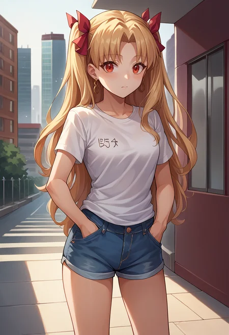 score_9, score_8_up, source_anime, Ereshkigal, two side up, hair ribbon, t-shirt, denim shorts, standing, outdoors, city, hands in pockets, <lora:CHAR-EreshkigalPonyXL:1>