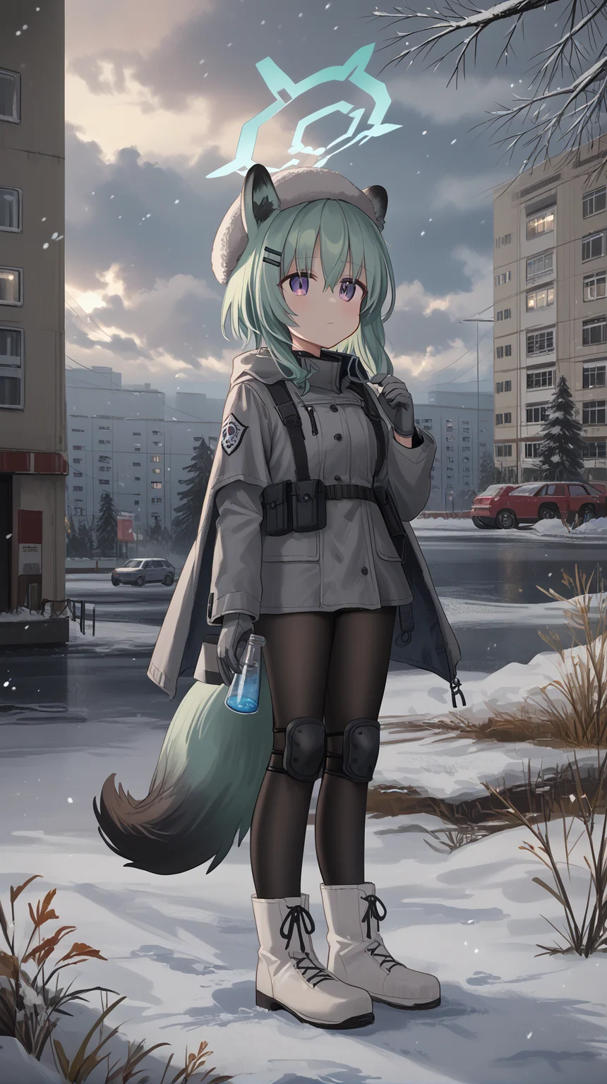 score_9, score_8_up, <lora:chihuri_style_1024x1600_basePony_v2:1> chihuri, 1girl, solo, short hair, skirt, long sleeves, hair ornament, gloves, hat, holding, animal ears, hair between eyes, standing, jacket, purple eyes, tail, full body, pantyhose, outdoors, boots, sky, green hair, hairclip, cape, halo, tree, white footwear, cloudy sky, knee boots, building, snow, pouch, grey jacket, snowing, knee pads, grey headwear, grey gloves, fur hat, grey sky, flask, ushanka, shigure (blue archive)