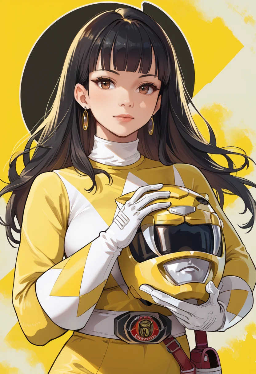 (score_9:0.9),score_8_up,score_7_up,rating_safe,anime style,(zPDXL),<lora:Yellow power rangerponyXL v1:0.77>,yellow bodysuit,yellow power ranger,yellow motorcycle helmet,1girl,solo,black hair,white gloves,long hair,helmet removed,large breasts,brown eyes,blunt bangs,holding helmet,