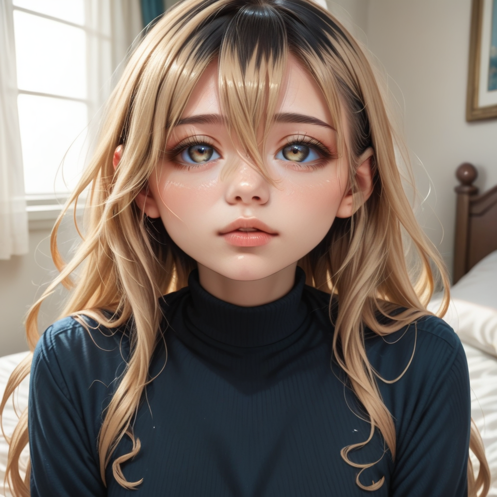 score_9_up, score_8_up, score_7_up, (masterpiece), (best quality), (ultra-detailed), (very aesthetic:1.2), intricate details, perfect composition, absurdres, romantic atmosphere, 
1girl, solo,  <lora:OchiaiPONY:1>,ochiai,multicolored hair,blonde hair,hair between eyes,long hair,brown eyes,
sweater dress,blue dress,pantyhose,long sleeves,
fantasy inn, bedroom, sitting,
<lora:43stl1ght1ngXLP2:0.5>, 43stl1ght1ng, <lora:Expressive_H-000001:0.8>, expressiveh, <lora:d3t41l3dXLP:0.5>, d3t41l3d, <lora:add-detail-xl:1>, zPDXLrl