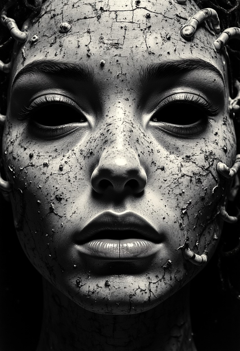 An ultra close-up portrait of a woman’s face, filling the entire frame, leaving no visible background. Her skin is not smooth, but formed entirely from thousands of tiny, overlapping fingers, seamlessly interwoven to shape the contours of her features—cheeks, brow, nose, and jawline. Each hand is static, frozen in place, its fine details crisp and tangible, with visible creases, knuckles, and fingernails. Her eyes are not traditional eyes but two hollow, dark voids, framed by open fingers curled inward, mimicking the shape of eye sockets. The depth inside these voids is infinite, absorbing light rather than reflecting it, making them appear hauntingly empty yet impossibly deep. Her lips are formed by tightly interlocked fingers, positioned in a way that mimics a mouth, yet their rigid stillness makes them unsettlingly unnatural. The illusion of human softness is lost, replaced by the uncanny texture of layered skin and fingernails. The mouth does not open, nor do the fingers move—only the eerie symmetry and unnatural formation of the face hint at something beyond human. The fingers composing her face are not chaotic, but deliberately placed, each one fused into a perfect, unnerving pattern that creates the illusion of organic facial structure. Their textures vary, some smooth and youthful, others rough and calloused, creating an unsettling contrast in detail. The edges of her face fade into a dark void.