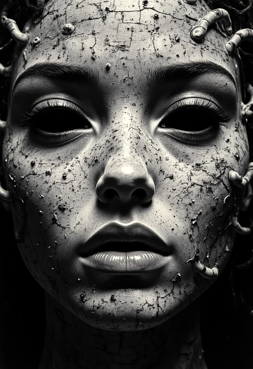 An ultra close-up portrait of a woman’s face, filling the entire frame, leaving no visible background. Her skin is not smooth, but formed entirely from thousands of tiny, overlapping fingers, seamlessly interwoven to shape the contours of her features—cheeks, brow, nose, and jawline. Each hand is static, frozen in place, its fine details crisp and tangible, with visible creases, knuckles, and fingernails. Her eyes are not traditional eyes but two hollow, dark voids, framed by open fingers curled inward, mimicking the shape of eye sockets. The depth inside these voids is infinite, absorbing light rather than reflecting it, making them appear hauntingly empty yet impossibly deep. Her lips are formed by tightly interlocked fingers, positioned in a way that mimics a mouth, yet their rigid stillness makes them unsettlingly unnatural. The illusion of human softness is lost, replaced by the uncanny texture of layered skin and fingernails. The mouth does not open, nor do the fingers move—only the eerie symmetry and unnatural formation of the face hint at something beyond human. The fingers composing her face are not chaotic, but deliberately placed, each one fused into a perfect, unnerving pattern that creates the illusion of organic facial structure. Their textures vary, some smooth and youthful, others rough and calloused, creating an unsettling contrast in detail. The edges of her face fade into a dark void.