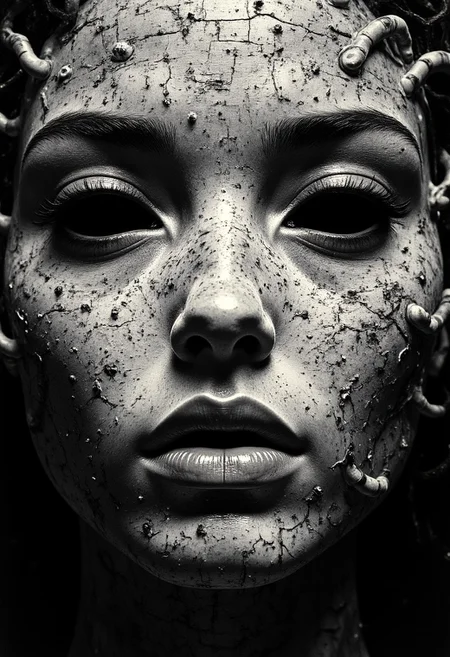 An ultra close-up portrait of a woman’s face, filling the entire frame, leaving no visible background. Her skin is not smooth, but formed entirely from thousands of tiny, overlapping fingers, seamlessly interwoven to shape the contours of her features—cheeks, brow, nose, and jawline. Each hand is static, frozen in place, its fine details crisp and tangible, with visible creases, knuckles, and fingernails. Her eyes are not traditional eyes but two hollow, dark voids, framed by open fingers curled inward, mimicking the shape of eye sockets. The depth inside these voids is infinite, absorbing light rather than reflecting it, making them appear hauntingly empty yet impossibly deep. Her lips are formed by tightly interlocked fingers, positioned in a way that mimics a mouth, yet their rigid stillness makes them unsettlingly unnatural. The illusion of human softness is lost, replaced by the uncanny texture of layered skin and fingernails. The mouth does not open, nor do the fingers move—only the eerie symmetry and unnatural formation of the face hint at something beyond human. The fingers composing her face are not chaotic, but deliberately placed, each one fused into a perfect, unnerving pattern that creates the illusion of organic facial structure. Their textures vary, some smooth and youthful, others rough and calloused, creating an unsettling contrast in detail. The edges of her face fade into a dark void.