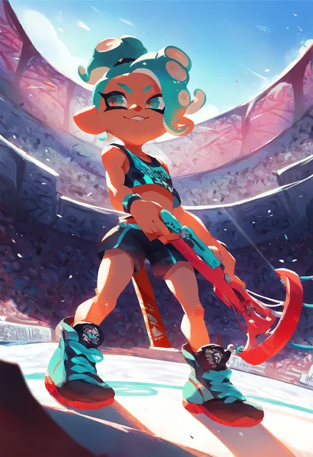 score_9, score_8_up, score_7_up, score_6_up, score_5_up, score_4_up, turquoise haired octoling holding brush running in paint battle, colosseum, wide shot, turquoise splatter