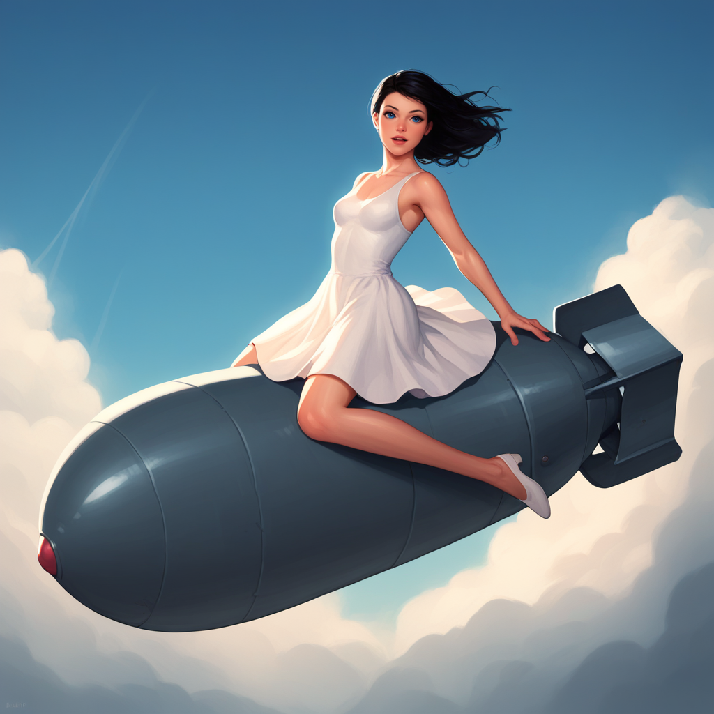 score_9_up, score_8_up, BREAK, GirlRindingBomb, riding bomb, 1girl, solo, black hair, short, blue eyes, white dress, <lora:GirlRindingBomb_PXL_Leaf1:1>, blue sky