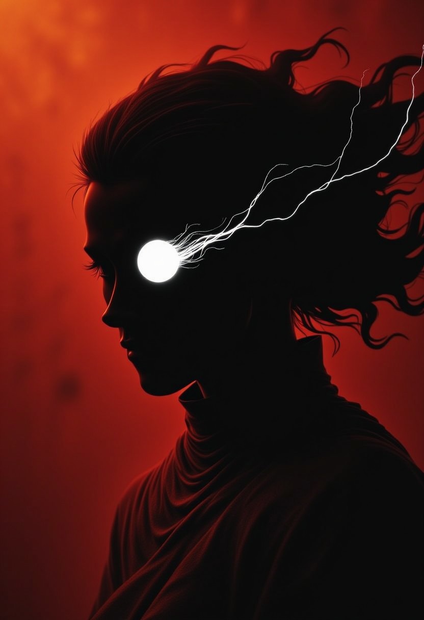 Shrouded Silhouette, White glowing cyclops, one-eyed, M100-style, Closeup Portrait of a woman with No Face and eye-trail, billowing Hair, and billowing Cape, very detailed analog photo, Atmospheric lighting, Red yellow colored