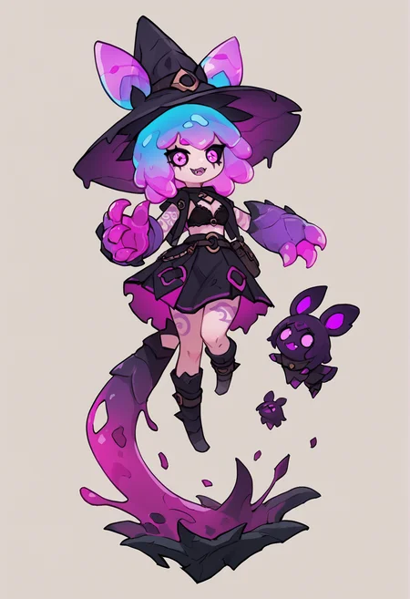 (score_9, score_8_up), score_7_up, zPDXL, SqueakyStyle, 1girl, solo, chibi, slime hair, pink hair, purple hair, gradient hair, black hat, witch hat, black bra, black skirt, armored skirt, smile, fangs, running, full body, claws, monster girl, monster hands, slime wings, slime tail, animal ears, pale skin, purple tattoo, body tattoo, makeup, pink eyes, black sclera, white background, <lora:Squeaky_Style_XL_Pony_SingleShot:1>