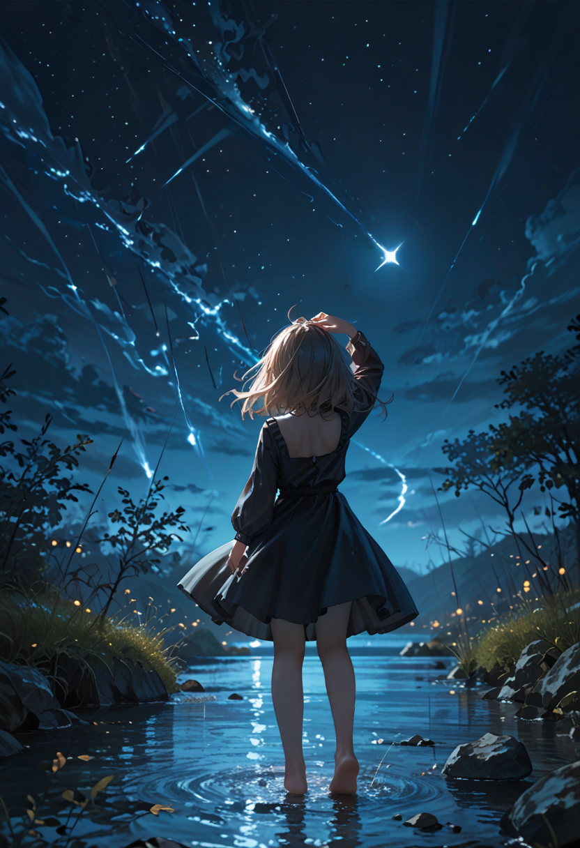 score_9, score_8_up, score_7_up, lvthn, a witch girl, wind_lift, back, night_sky with shooting_star, standing on river, head up, collision, moonlight, <lora:p-skin:1> <lora:sdxl_lightning_8step_lora:1> <lora:LVTHN:1,0,0,0,0,0,0,1,0,0,0,0>