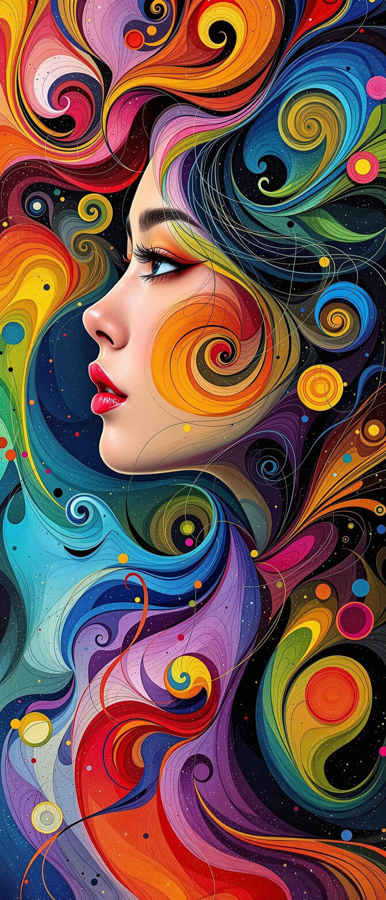 Produce an abstract art piece featuring swirling, colorful shapes that evoke a sense of energy and movement. blended in the hair of a ((beautiful young asian woman)) viewed from one side . The artwork is composed of vibrant hues, textures, and patterns, creating a dynamic visual experience for the viewer.,intricate portrait