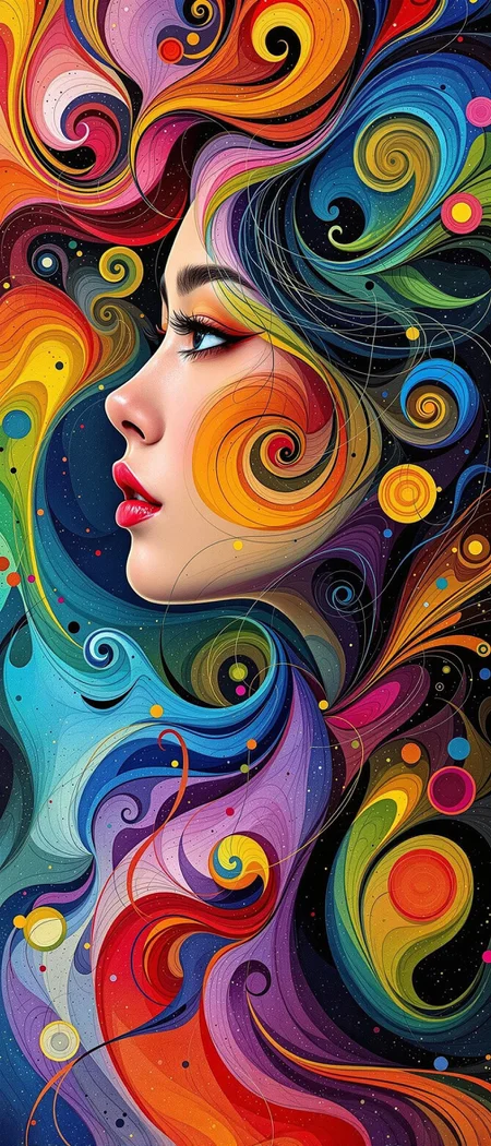 Produce an abstract art piece featuring swirling, colorful shapes that evoke a sense of energy and movement. blended in the hair of a ((beautiful young asian woman)) viewed from one side . The artwork is composed of vibrant hues, textures, and patterns, creating a dynamic visual experience for the viewer.,intricate portrait