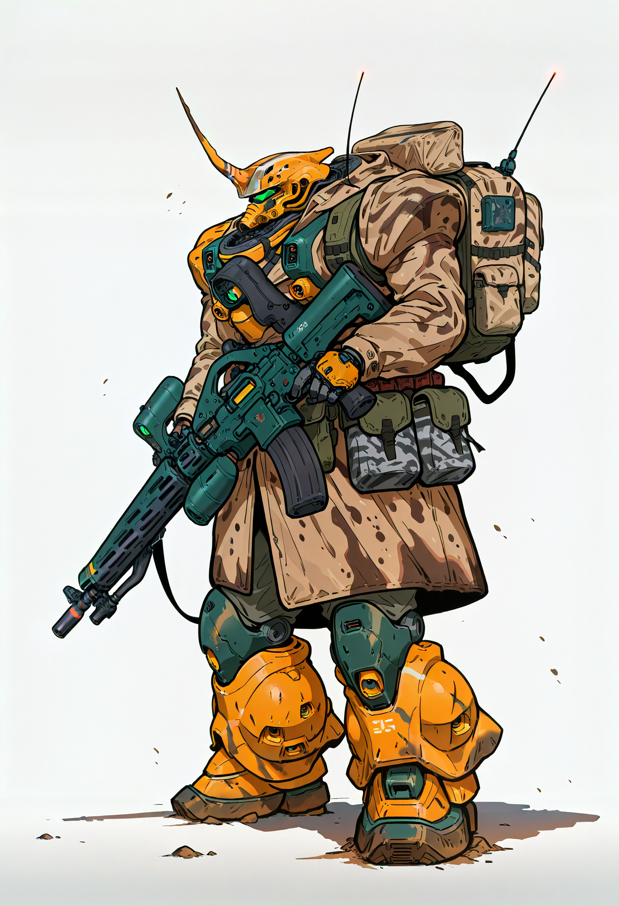 <lora:HeavyTechILXL:1> h3avyt3ch,
weapon, robot, gun, holding, holding weapon, mecha, holding gun, camouflage, bag, white background, solo, rifle, no humans, military, pouch, assault rifle, simple background, horns, looking ahead, brown coat, single horn, standing, coat, camouflage jacket, backpack, full body, mobile suit, shadow, mecha focus, radio antenna, from side, dirty, masterpiece, best quality, amazing quality, intricate detail, highly detailed, absurdres, very aesthetic, dynamic lighting, detailed background, scenery, (volumetric lighting)