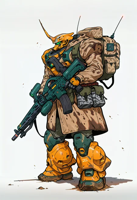 <lora:HeavyTechILXL:1> h3avyt3ch,
weapon, robot, gun, holding, holding weapon, mecha, holding gun, camouflage, bag, white background, solo, rifle, no humans, military, pouch, assault rifle, simple background, horns, looking ahead, brown coat, single horn, standing, coat, camouflage jacket, backpack, full body, mobile suit, shadow, mecha focus, radio antenna, from side, dirty, masterpiece, best quality, amazing quality, intricate detail, highly detailed, absurdres, very aesthetic, dynamic lighting, detailed background, scenery, (volumetric lighting)