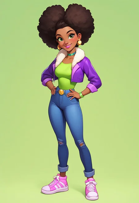 score_9, score_8_up, score_7_up, mercasg, BREAK 1girl, woman, young, solo, smile, medium breasts, thin, light green eye shadow, pink lips, dark green eyes, fluffy thick hair, Afro hairstyle, dark brown hair, gold earrings rings on the left ear, (light green choker around the neck), ((purple cropped jacket with white lapel)), rolled sleeves to the elbows, ((light green T-shirt)), dark purple cropped jeans with a torn bottom, pink sneakers with yellow stripes and white laces, BREAK right hand on hip, left hand down, standing, full body, semi-sideways, half-sideways, BREAK green blurred background