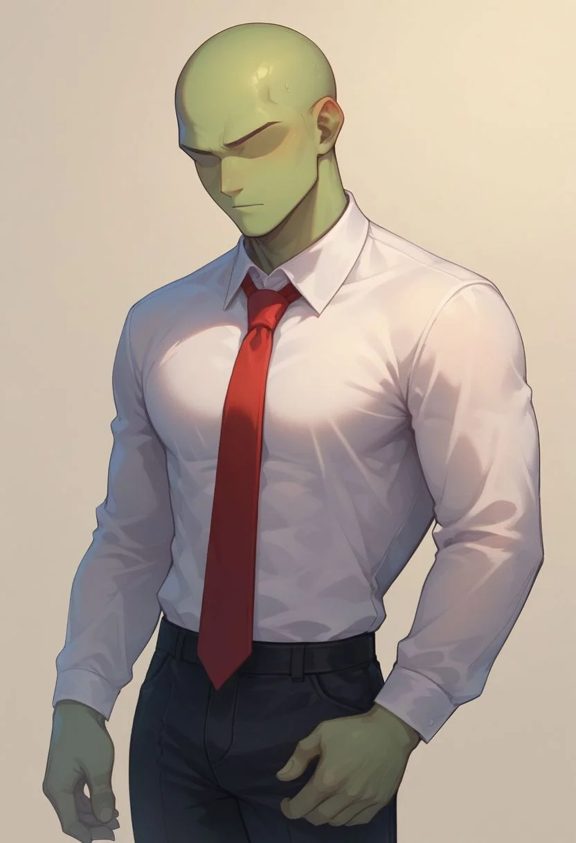 score_9, score_8_up, score_8,
1boy, solo, green skin, no eyes, no eyebrows, bald, black business suit, white under shirt, red tie, black suit pants, average body, cowboy shot,
