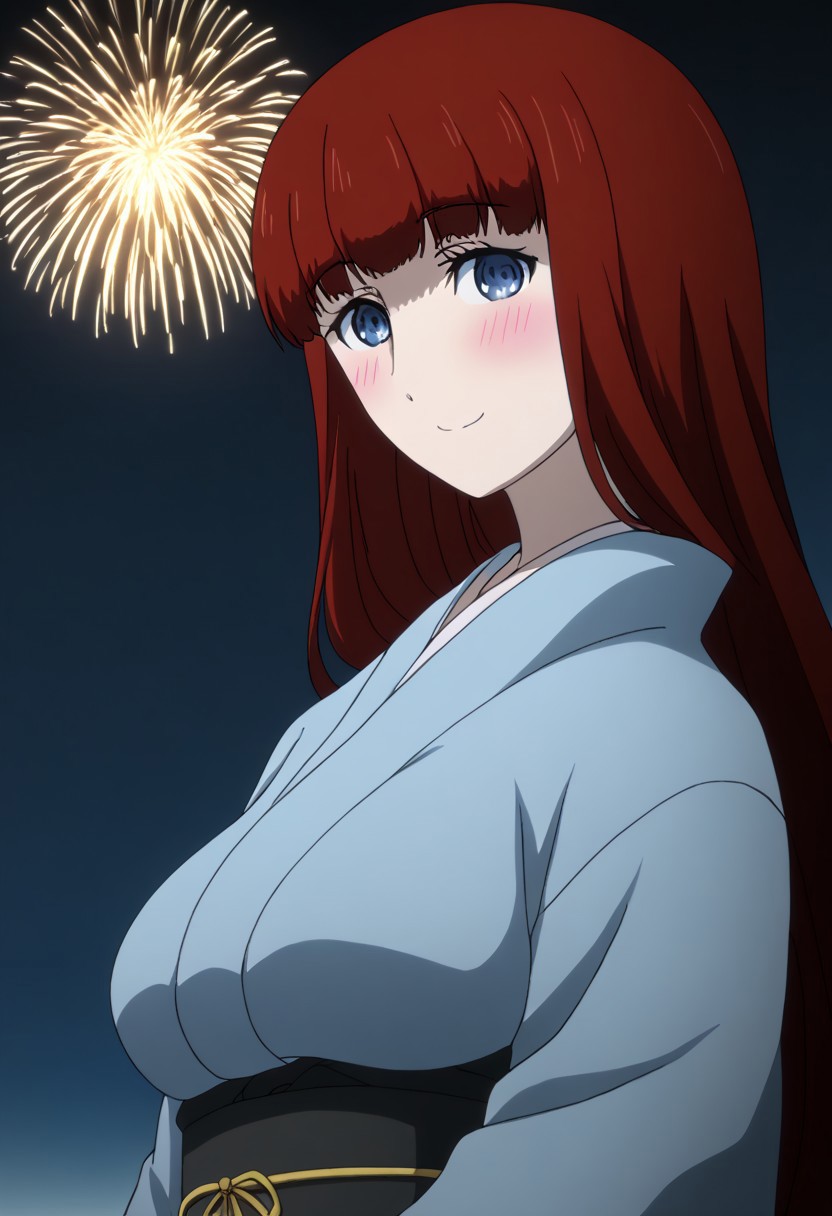 rating_safe, Ultra-high-detailed Anime illustration of Kagari Shiina from Anime Steins;Gate 0. 
The artwork features Kagari in a solo, standing position with a outdoors, flield, and night background. night time. night. stars.
She is depicted with intricate details showcasing her large breasts, natural_breasts. She is a white skinned, 22 years old woman. Kagari is looking_at_viewer with perfect_eyes, Her pupils are highly detailed. The eyes are open. blue eyes. Kagari's eyes are highlighted. Highlighted eyevrows. 
She has long hair, red colored hair, styled in blunt bangs and floating hair.
She is wearing a blue kimono and black shoes. japanese kimono, kimono.
The artistic style is intricate_details_xl with a focus on Anime art. The color palette emphasizes red and black with detailed strokes to bring out the character's features. The lighting creates dramatic shadows and highlights, adding depth to the artwork. The perspective is from a face focus, dutch angle to enhance the impact of the character's expression. This masterpiece is a true portrayal of Kagari's complex personality and will captivate any fan of Kagari. uncensored, upper body, blushing, smile, Kagari Shiina,
perfecteyes,
<lora:Steins_Gate:1>
kimono
happy new year!, Happy New Year fireworks, Happy New Years, golden colored fireworks