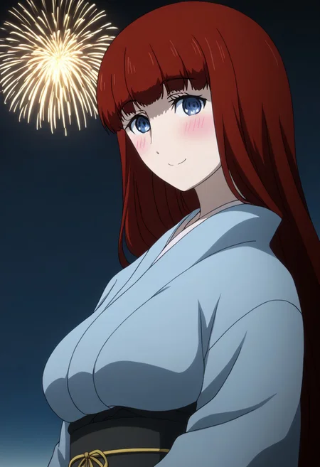 rating_safe, Ultra-high-detailed Anime illustration of Kagari Shiina from Anime Steins;Gate 0. 
The artwork features Kagari in a solo, standing position with a outdoors, flield, and night background. night time. night. stars.
She is depicted with intricate details showcasing her large breasts, natural_breasts. She is a white skinned, 22 years old woman. Kagari is looking_at_viewer with perfect_eyes, Her pupils are highly detailed. The eyes are open. blue eyes. Kagari's eyes are highlighted. Highlighted eyevrows. 
She has long hair, red colored hair, styled in blunt bangs and floating hair.
She is wearing a blue kimono and black shoes. japanese kimono, kimono.
The artistic style is intricate_details_xl with a focus on Anime art. The color palette emphasizes red and black with detailed strokes to bring out the character's features. The lighting creates dramatic shadows and highlights, adding depth to the artwork. The perspective is from a face focus, dutch angle to enhance the impact of the character's expression. This masterpiece is a true portrayal of Kagari's complex personality and will captivate any fan of Kagari. uncensored, upper body, blushing, smile, Kagari Shiina,
perfecteyes,
<lora:Steins_Gate:1>
kimono
happy new year!, Happy New Year fireworks, Happy New Years, golden colored fireworks