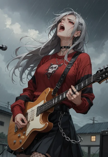 score_9, score_8_up, score_7_up, score_6_up, score_5_up, score_4_up, source_anime, high res image, masterpiece, best quality, 1girl, solo, <lora:Kazuki Dora V2:0.8> Kazuki, silver hair, long hair, red eyes, head back, anguish, wailing, screaming, rain, overcast, downpour, depth of field, rooftop, <lora:StS_age_slider_v1_initial_release:2> <lora:Concept Art Twilight Style SDXL_LoRA_Pony Diffusion V6 XL:0.8> concept art, <lora:electric_guitar___playing_instrument:1> playing_instrument, electric_guitar, HDA_EmoFashionXL,