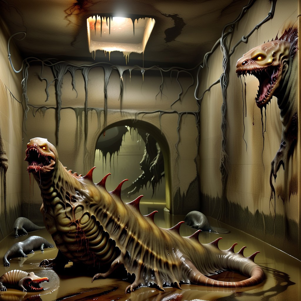 terra_vermis, Dark Fantasy page, Inside a crypt. sluggirl,  undead, twitching, writhing. Walls made of flesh. Painting. Monster Manual. s34slug, flaps, stalks
zombie slug hybrid man monster.