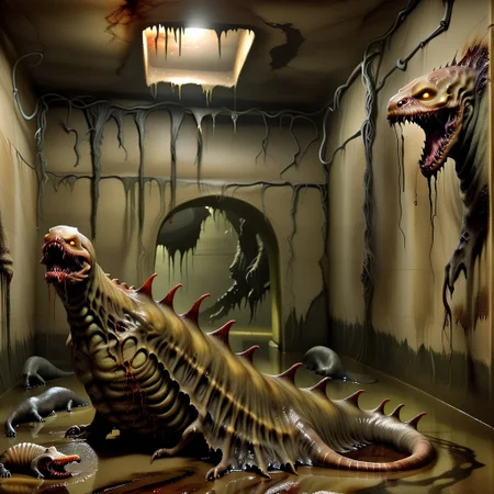 terra_vermis, Dark Fantasy page, Inside a crypt. sluggirl,  undead, twitching, writhing. Walls made of flesh. Painting. Monster Manual. s34slug, flaps, stalks
zombie slug hybrid man monster.