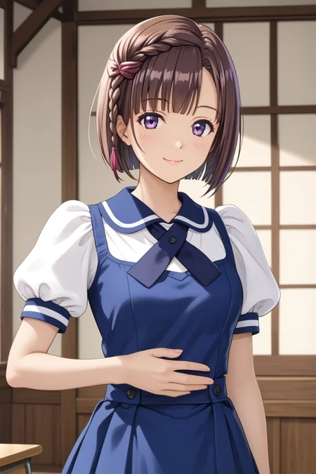 in monastery, (hand on waist, kimura manatsu, short hair, skirt, brown hair, shirt, single side braid hair, bob-cut, standing, school uniform, standing, purple eyes, white shirt, short sleeves, (blue pinafore dress), puffy sleeves, indoors, cowboy shot) 1girl, best quality, cowboy shot, seductive smile, Overall Detail, (slim, looking at viewer, young-adult), large breast, Fix hand <lora:Kimura_Manatsu_ATSK_Pony:1>