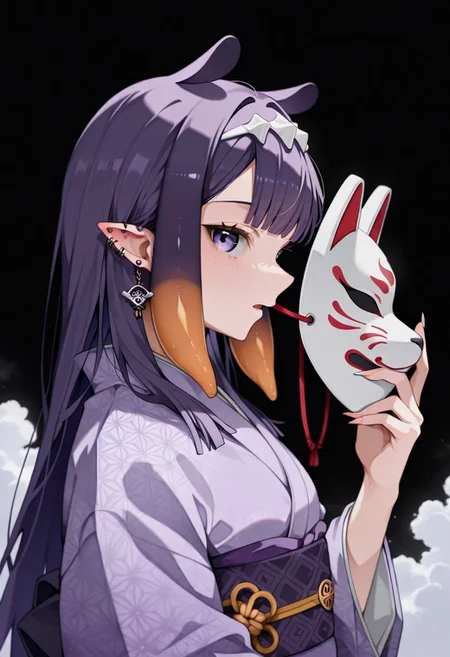 Lazypos, 1girl,solo, ninomae inanis, pointy ears, long hair, purple hair, multicolored hair, blunt bangs, tentacle hair, sidelocks, purple eyes, hololive thick_eyebrows,hairband,sharp_fingernails,,unworn_mask,black_background,horizontal_pupils,cropped_shoulders,white_hairband,long_sleeves, violet kimono, fingernails, slit_pupils, japanese_clothes,earrings ,jewelry,absurdres,fox_mask,multiple earrings, medium_hair, holding_mask, by prat_rat,hand_up,cloud,mask,kimono, holding,open_mouth,wide_sleeves,film_grain,profile,looking_at_viewer