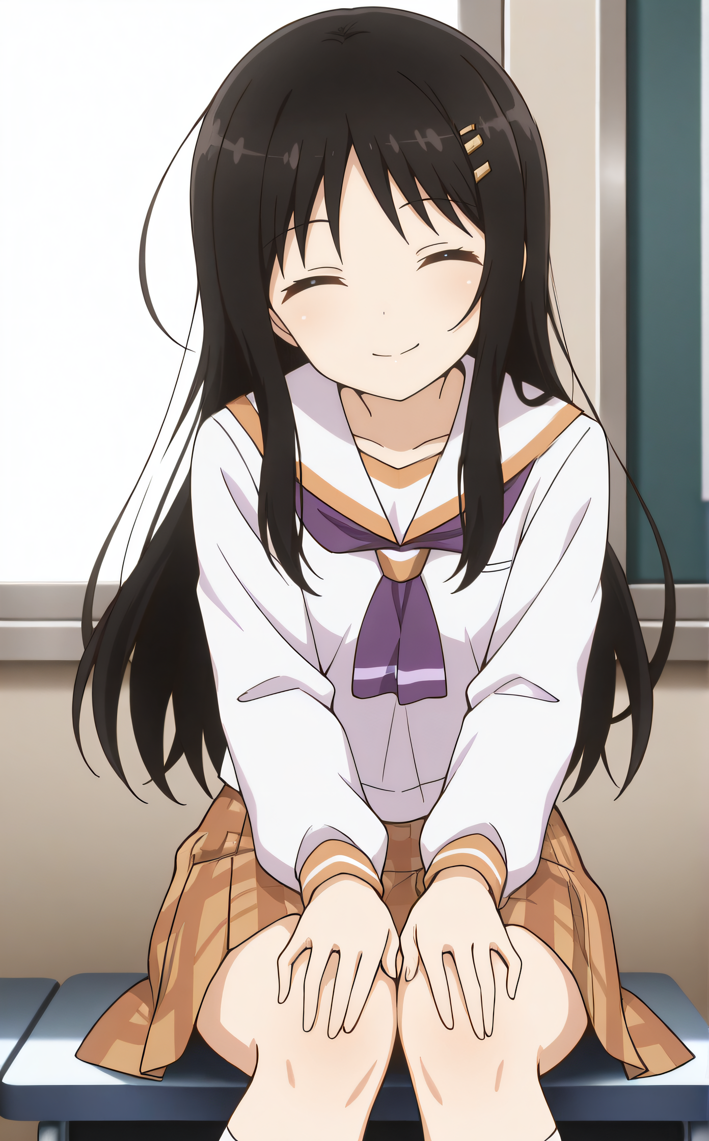 masterpiece, best quality, highres, newest, scenary, 1girl, solo, official style, <lora:Sakuraba_Harumi:1>, harumi, black hair, school uniform, purple neckerchief, plaid skirt, indoor, smile, cowboy shot, hand on knees, sitting, closed eyes, facing viewer, five fingers
