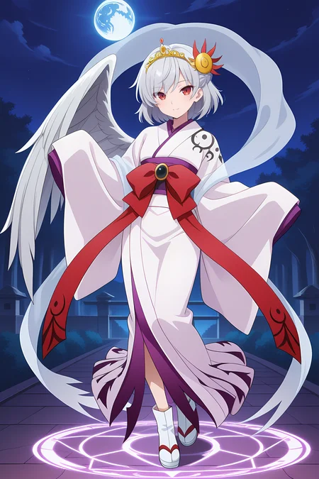 absurdres, highres, masterpiece, best quality, amazing quality, official anime artwork, screencap, anime screencap, outdoors, looking at viewer, light smile, dynamic pose, earth, night, 
 <lora:Sagume-Kishin_Illustrious:1> kishin sagume, 1girl, solo, red eyes, grey hair, short hair, single wing,, kishin sagume \(the white wheel of fate\), alternate costume, red bow, hair ornament, japanese clothes, long sleeves, sleeves past fingers, sleeves past wrists, wide sleeves, white footwear, white kimono, tiara, sun crown, hagoromo, white hagoromo,