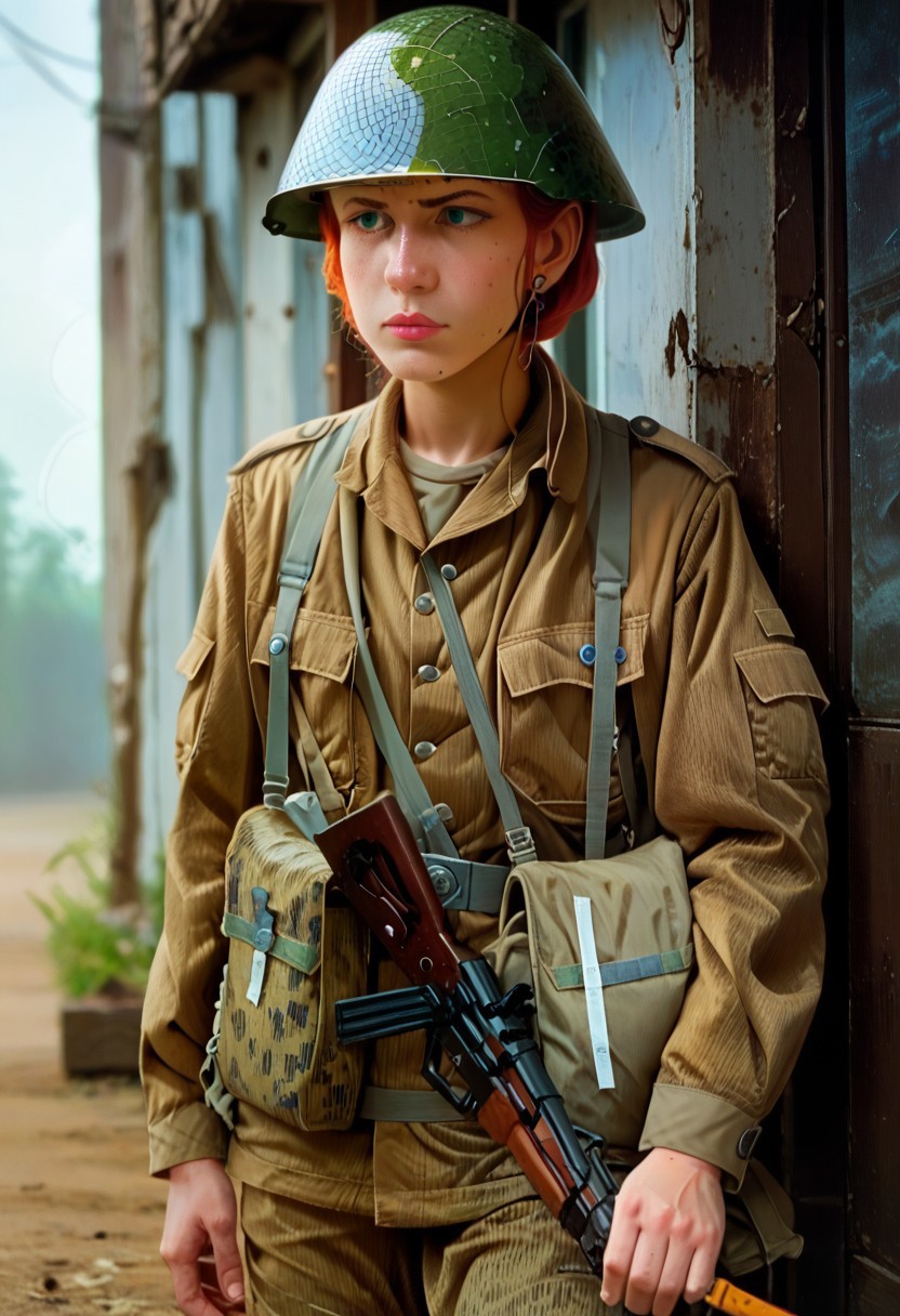 score_9, score_8_up, score_7_up, tlu, rating_safe, femboy, solo, ddr_nva, uniform, military, military uniform, helmet, camouflage,