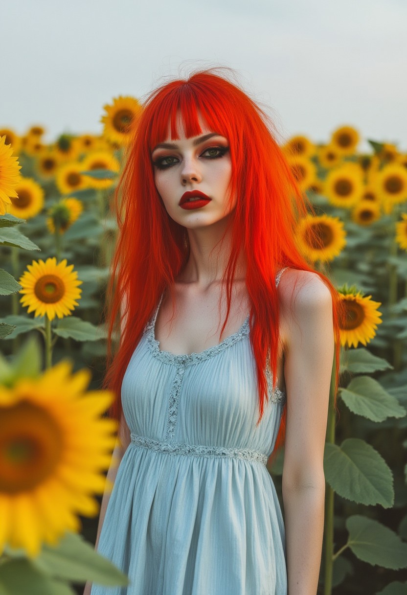 FictionalEmber,bright red hair,heavy black eye makeup and intense red lips. In a pastel blue sundress in a field of sunflowers.