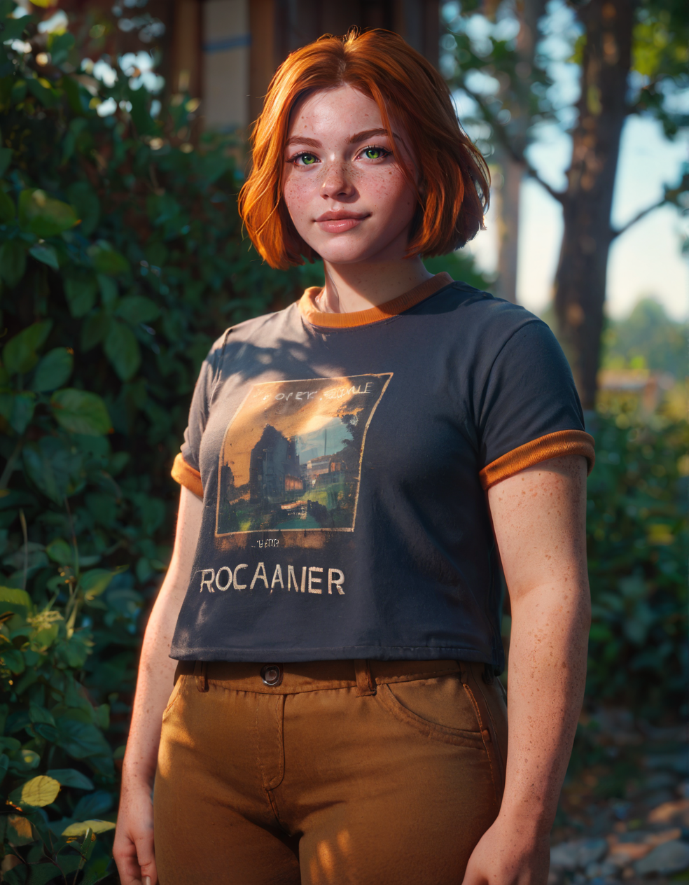 score_9, score_8_up, score_7_up, <lora:swann_v1-000015:0.7>, swann, 1girl, orange hair, short hair, green eyes, freckles, body freckles, plump, t-shirt, brown pants, standing, arms at sides, facing viewer, looking at viewer, outside, depth of field, cinematic lighting, <lora:StS_PonyXL_Detail_Slider_v1.4_iteration_3:3>