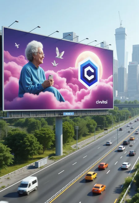 The image is a high-quality CGI rendering of a modern cityscape featuring a massive billboard. The billboard, positioned prominently in the center, displays a surreal, dreamlike scene. It depicts a serene, ethereal image of a granny with grey hair sitting on a cloud, next to civitaiLogo. The woman is surrounded by fluffy pink clouds, with a glowing, full moon in the background. Two birds, one in flight and another perched on a cloud, add to the whimsical atmosphere. The text on the billboard reads "CIVITAI - Make Your Waifu Real" in bold, white letters.
The billboard is situated on a multi-lane highway with a clear sky visible above. The highway stretches into the distance, flanked by lush greenery and a row of trees. Vehicles of various colors, including white, yellow, and orange, are moving in both directions on the highway.