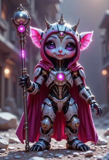pinkmechalux, a cute cybor sloth wizard with metallic NEON led crown, wearing a magic cape and holding a super weapon mystic staff